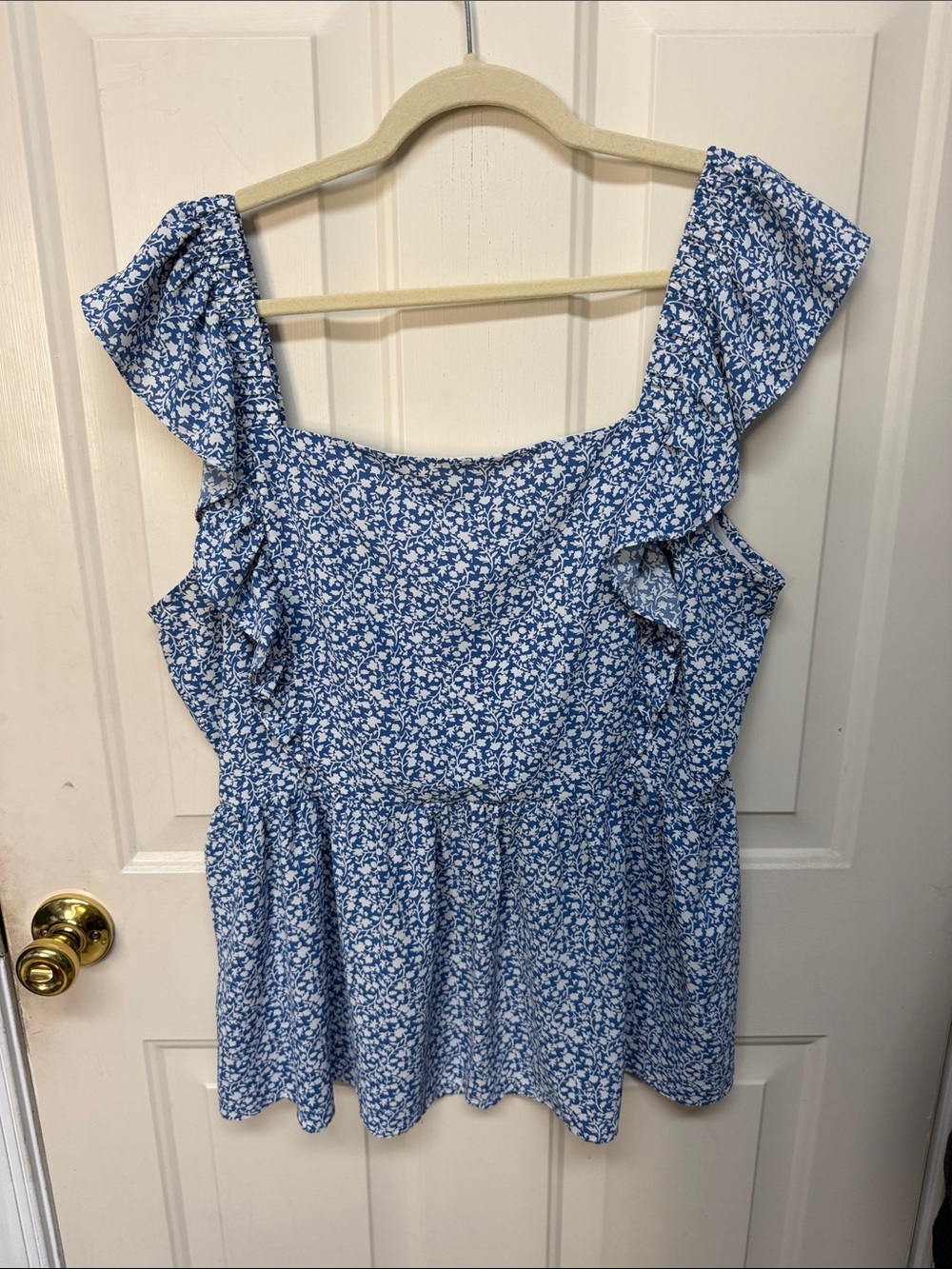 Blue Floral Ruffle-Shoulder Peplum Blouse